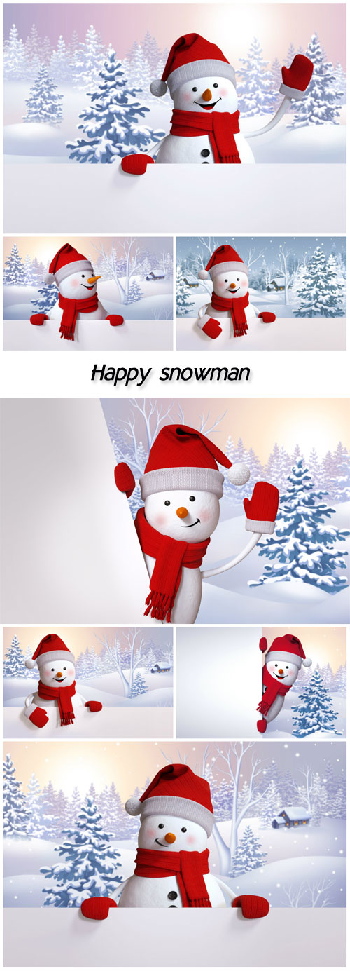 Happy snowman holding blank banner, snowy forest