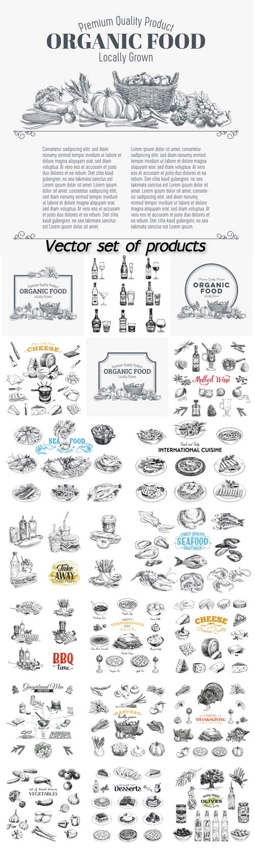 Vector set of products, seafood, meat, vegetables, drinks, fast food