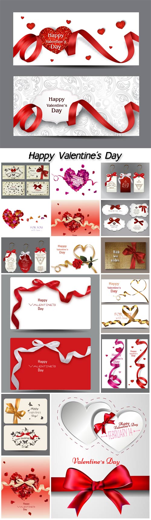 Set of Valentine's cards with silk red bows and butterflies