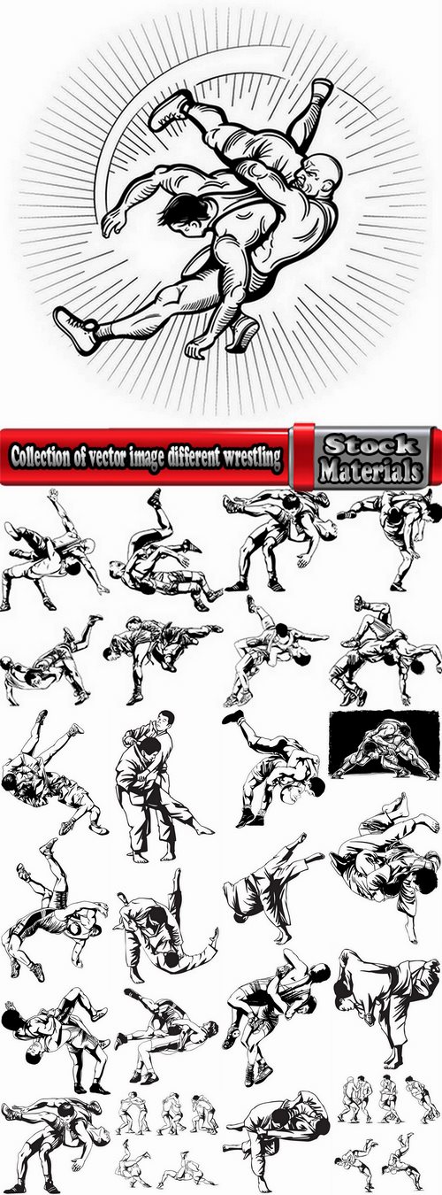 Collection of vector image different techniques of Judo Freestyle wrestling 25 EPS