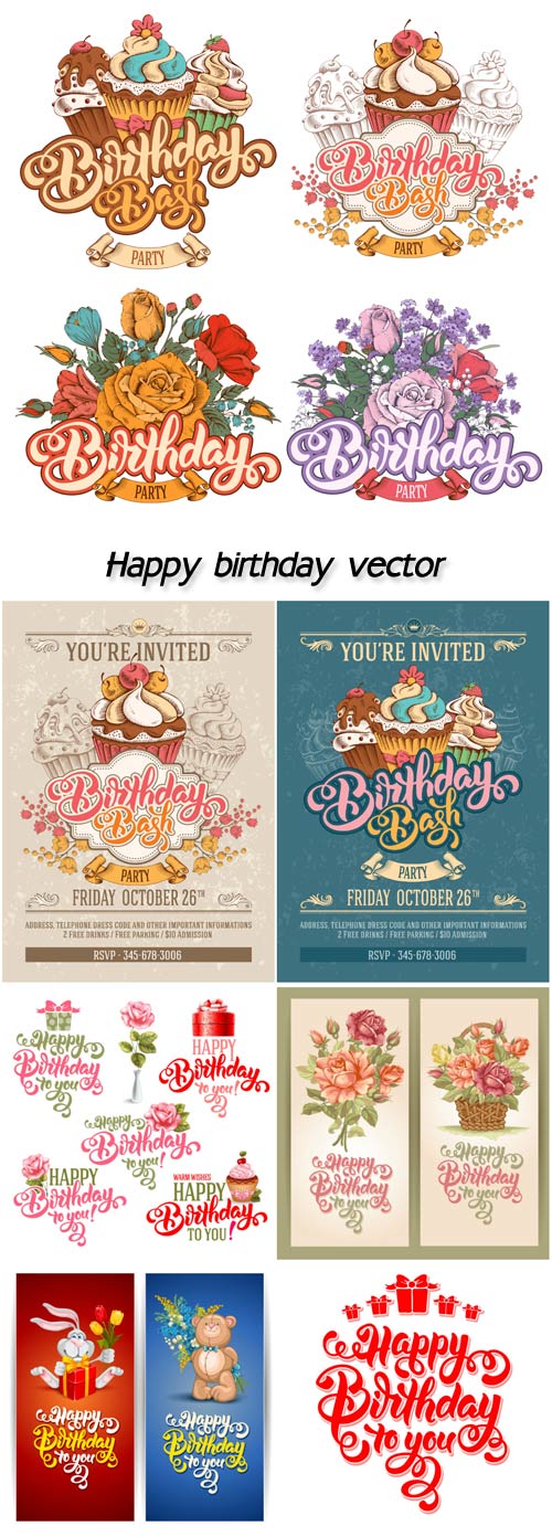 Happy birthday themed vector card set, hand drawn calligraphy