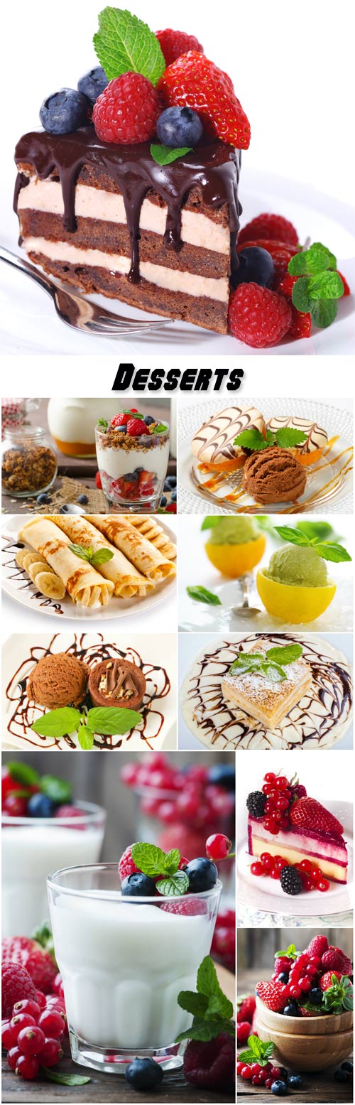 Desserts, pancakes, ice cream, cake and berries
