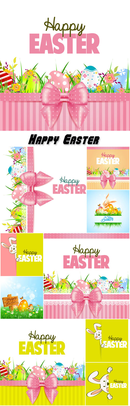 Vector Easter with bunnies and pink ribbons
