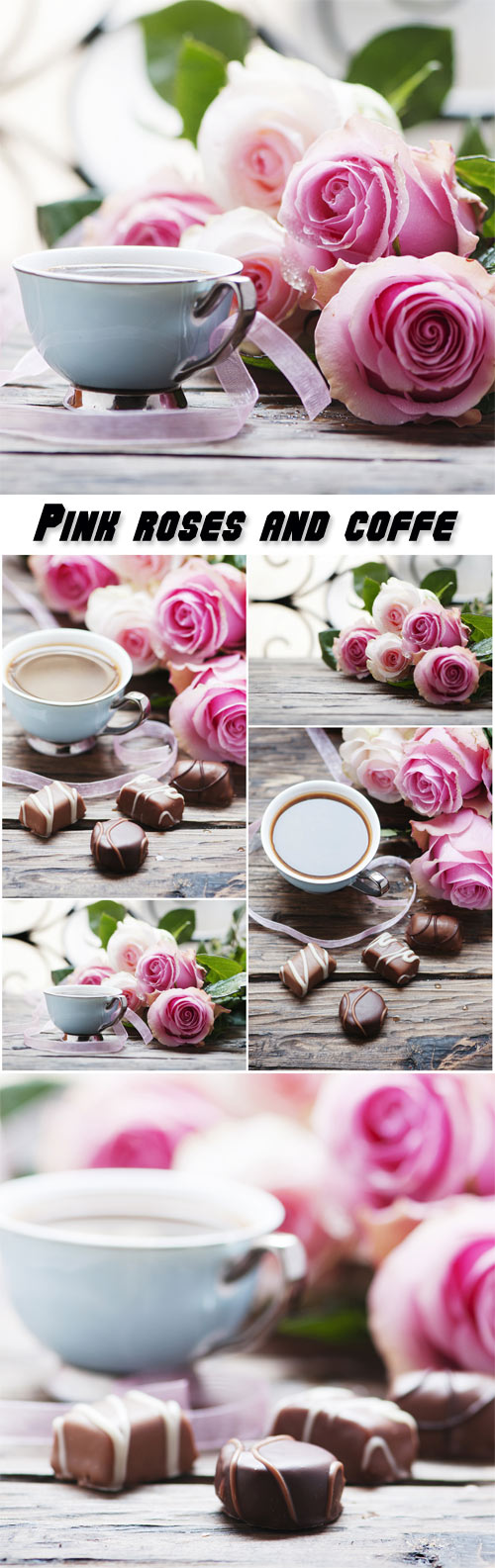 Pink roses, coffe and chocolate on the wooden table