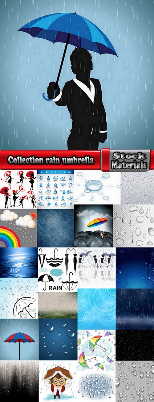 Collection rain umbrella drop of water on glass by bad weather 25 EPS